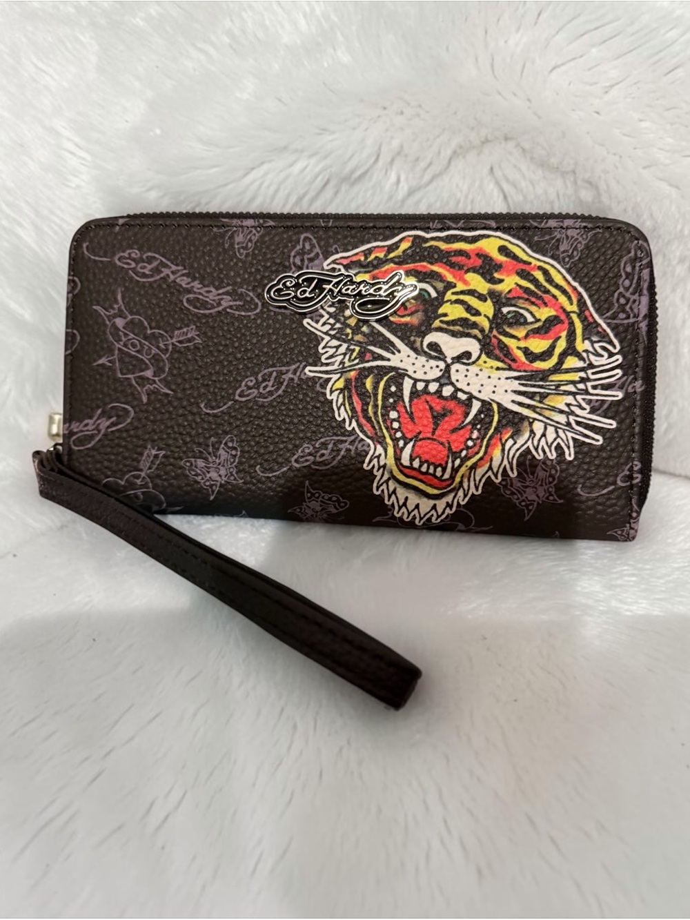 Ed Hardy Screaming Tiger Logo Zip Around Wallet Wristlet Multi Compartment